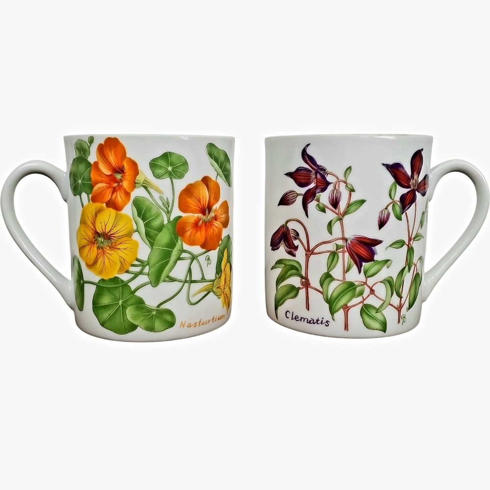 2 Vntg Lillian Vernon Botanical Garden Mugs - Nasturtium & Clematis. Circa 1984